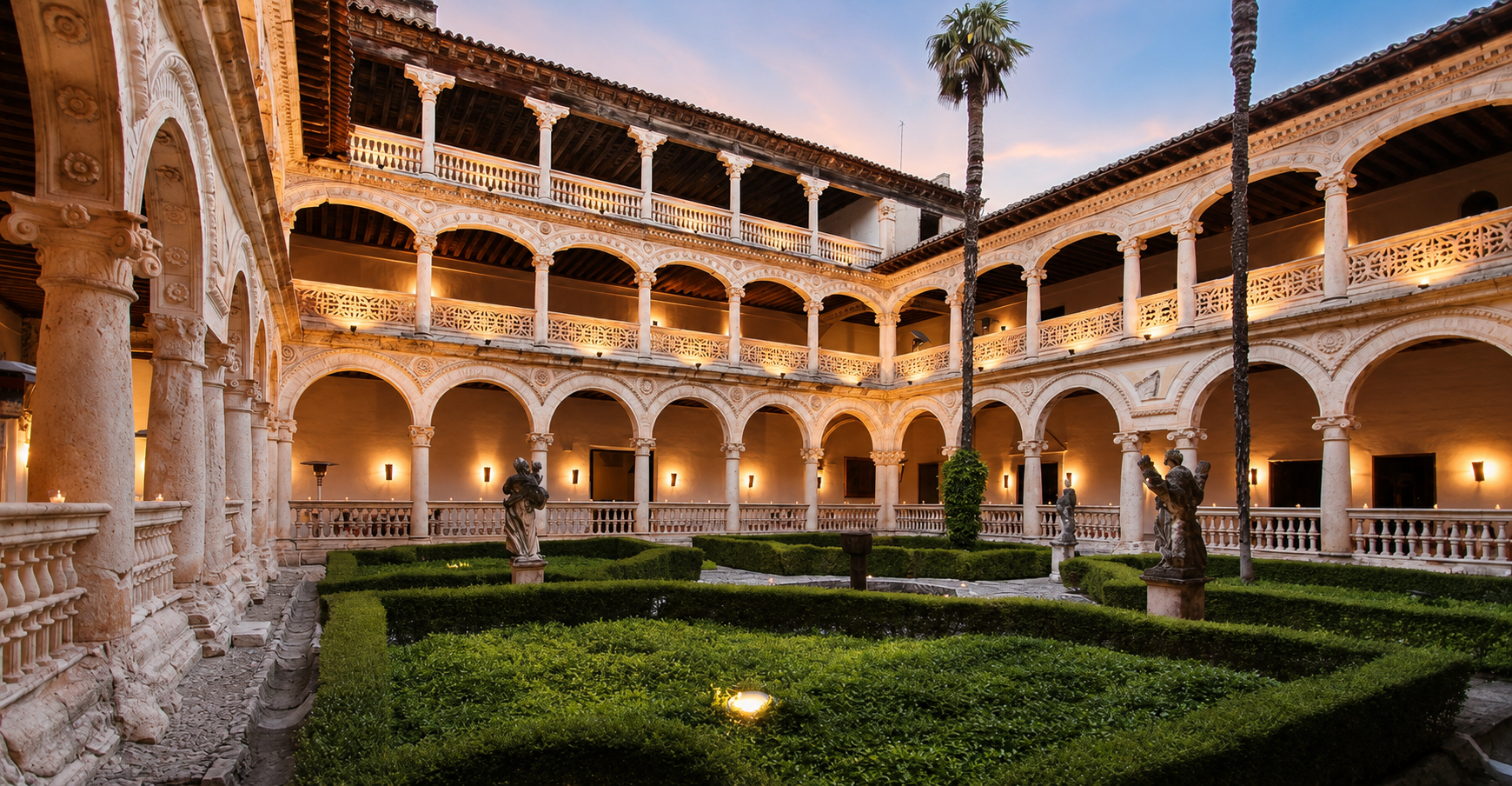 Claustro y jardines del Monasterio de Lupiana al atardecer